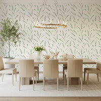 Greenery pattern wallpaper in an elegant dining room with a long table and cream chairs GD12282