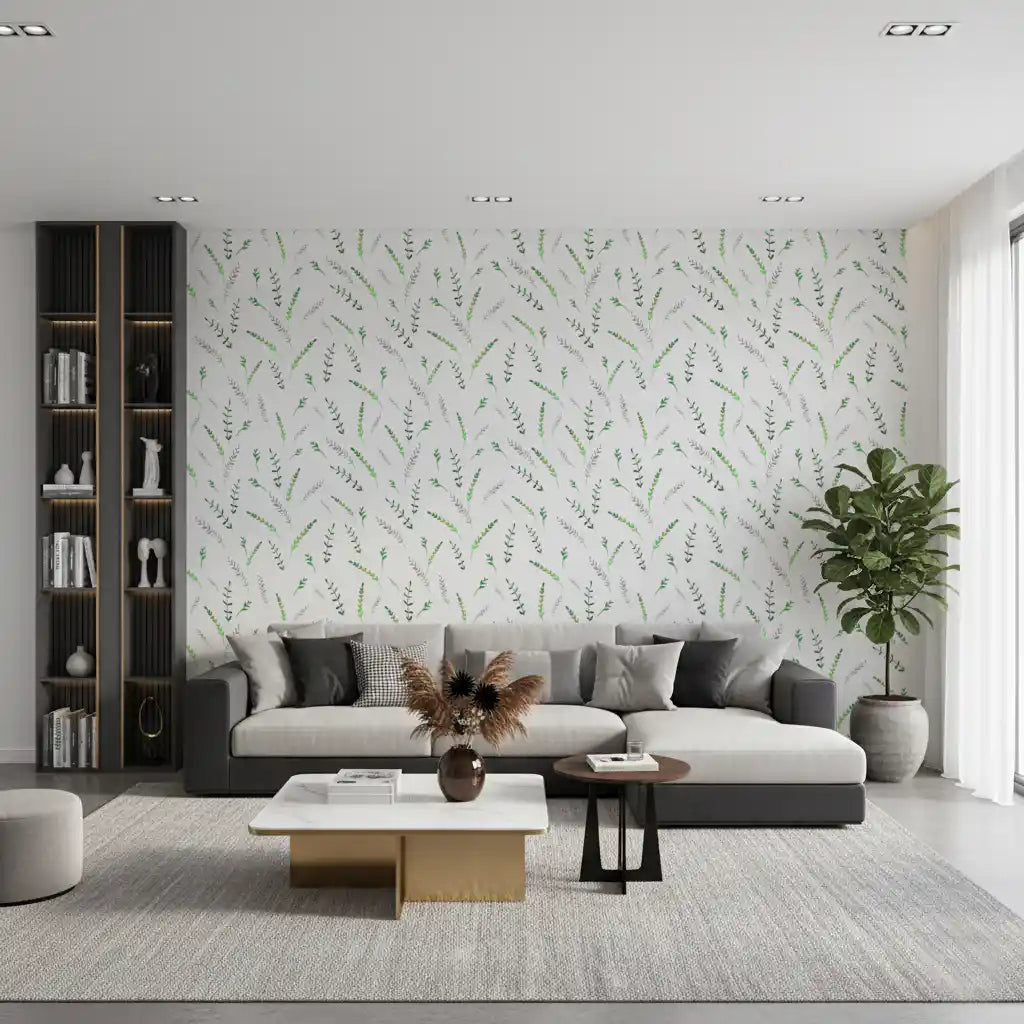 Green leaf sprig wallpaper in a modern living room with a grey sofa and dark bookshelves GD12282