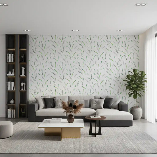 Green leaf sprig wallpaper in a modern living room with a grey sofa and dark bookshelves GD12282