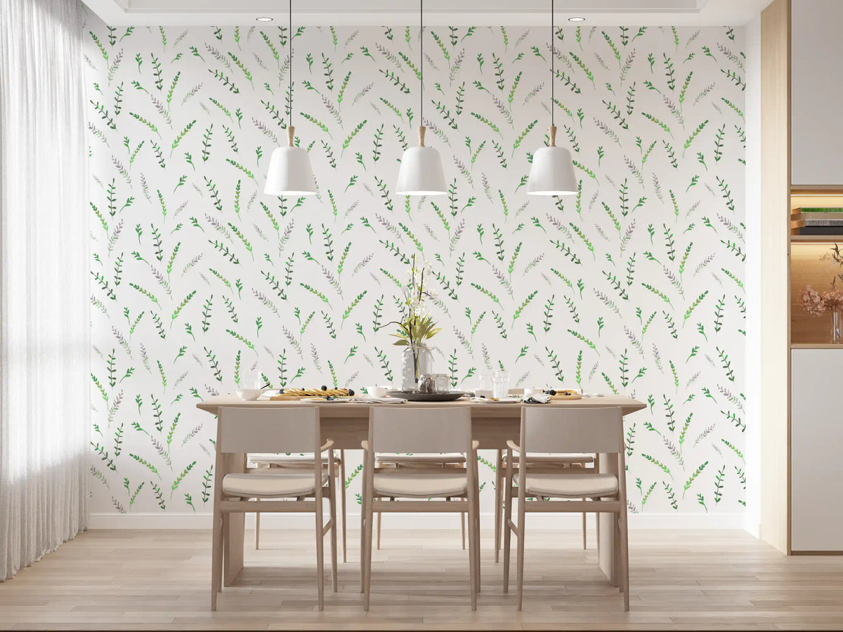 Minimalist greenery wallpaper in a dining room with pendant lights and a wood table GD12282