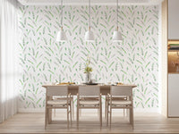 Minimalist greenery wallpaper in a dining room with pendant lights and a wood table GD12282