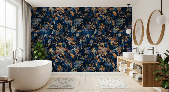 Dark navy floral wallpaper in a bathroom with a freestanding tub and wood vanity GD12284