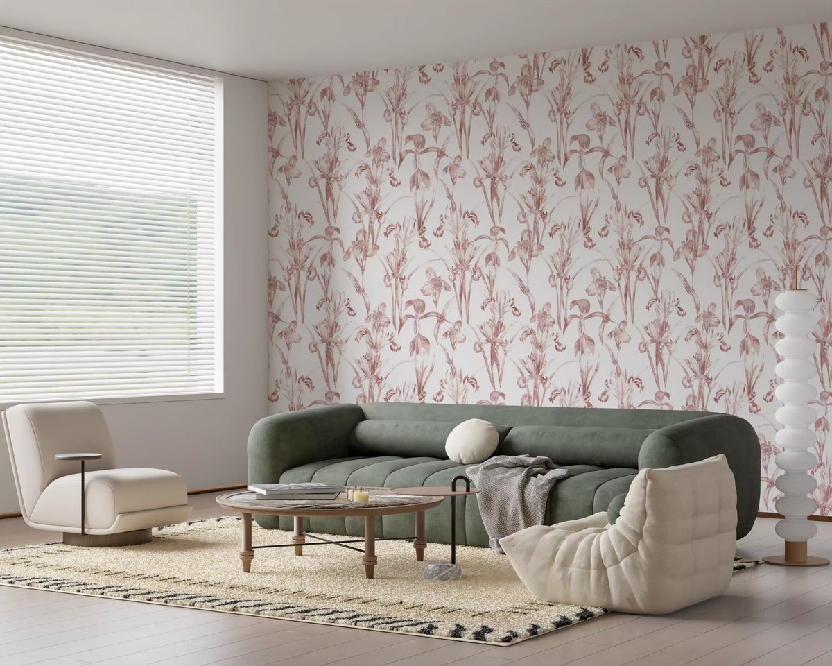 Blush iris wallpaper in a bright living room with a green sofa and cream chair GD12285