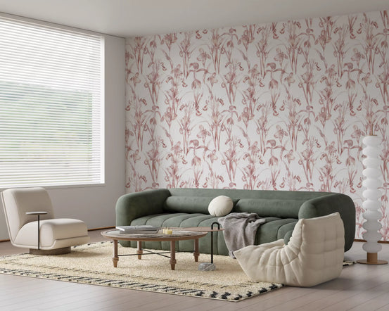 Blush iris wallpaper in a bright living room with a green sofa and cream chair GD12285