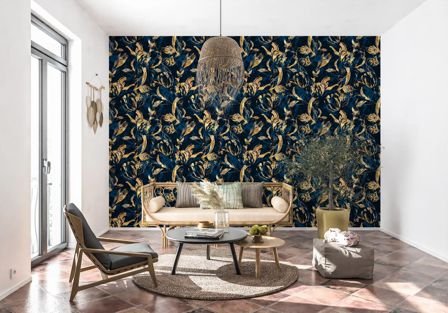 Midnight Flora Brushwork Wallpaper⁠
