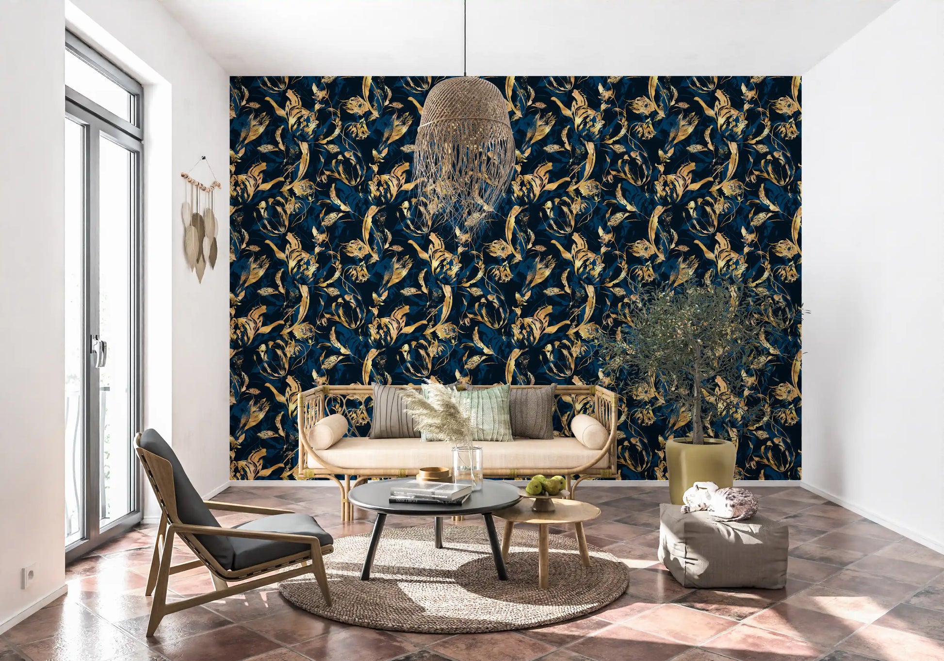 Midnight Flora Brushwork Wallpaper⁠