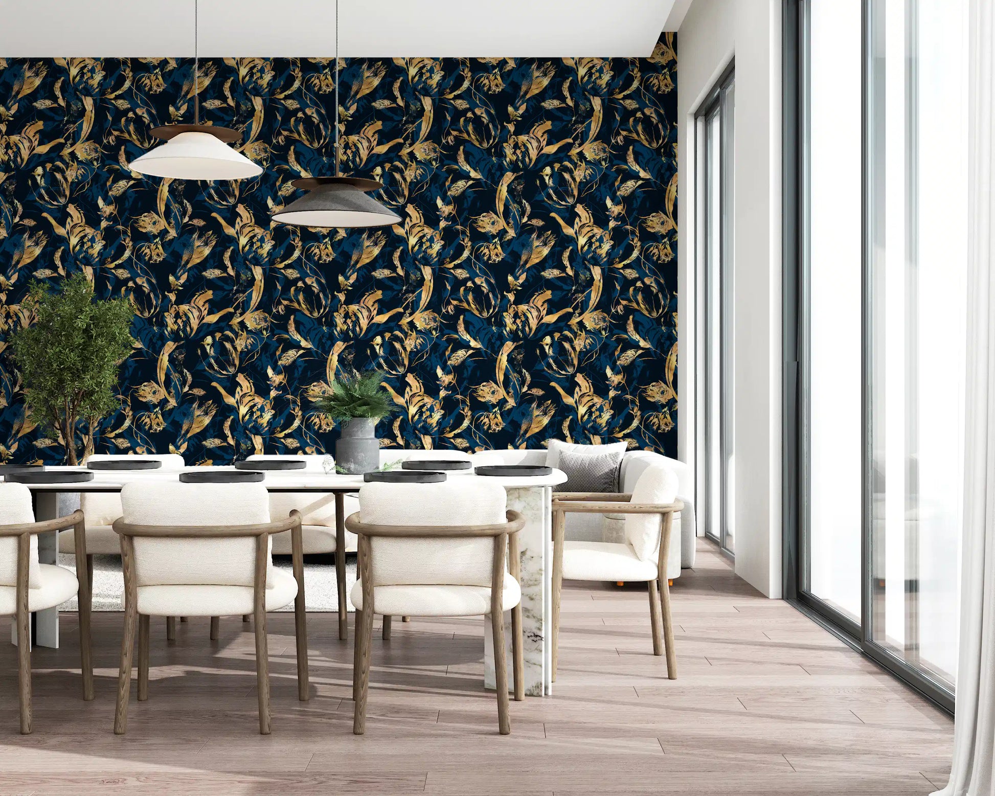 Midnight Flora Brushwork Wallpaper⁠