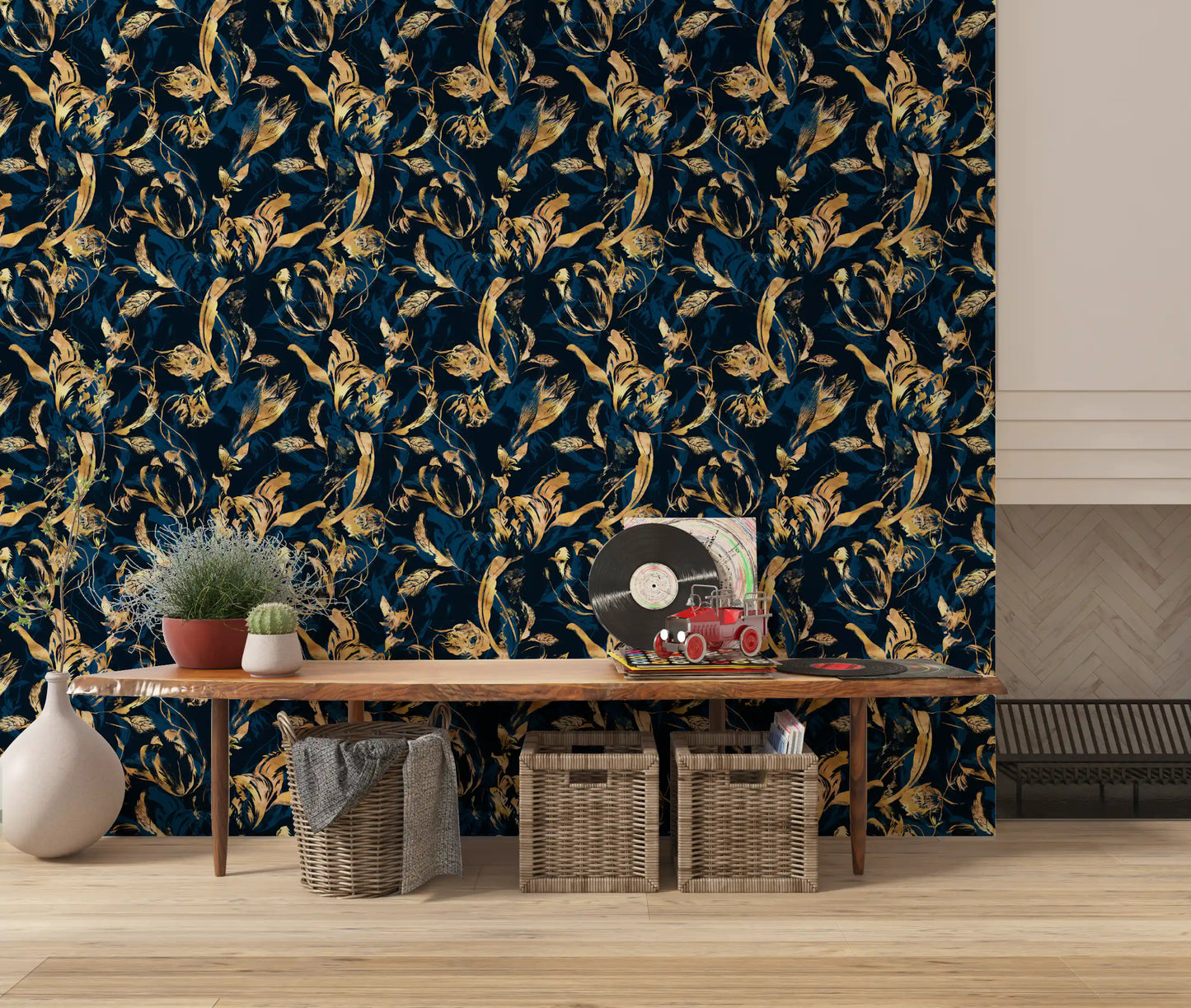 Midnight Flora Brushwork Wallpaper⁠