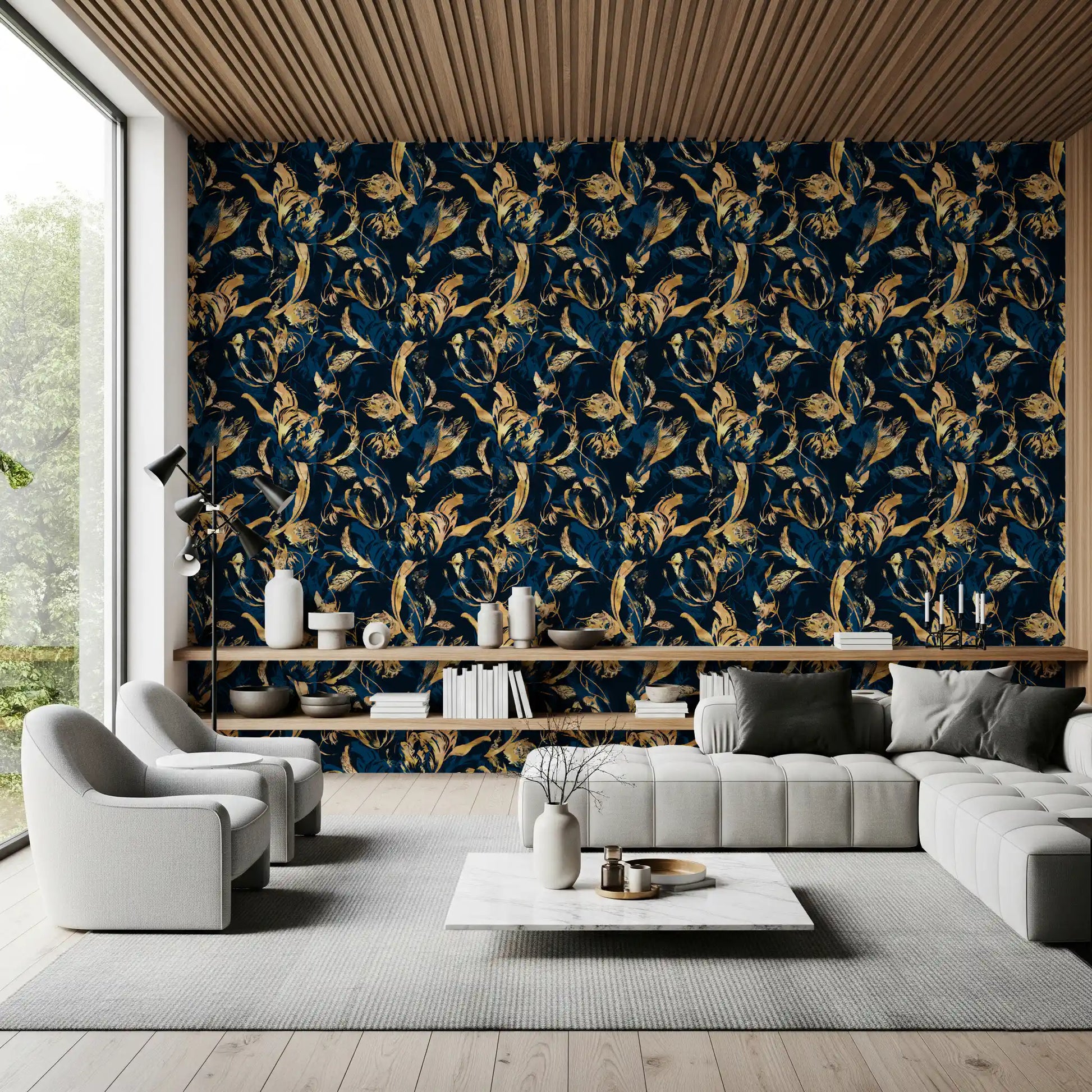 Midnight Flora Brushwork Wallpaper⁠
