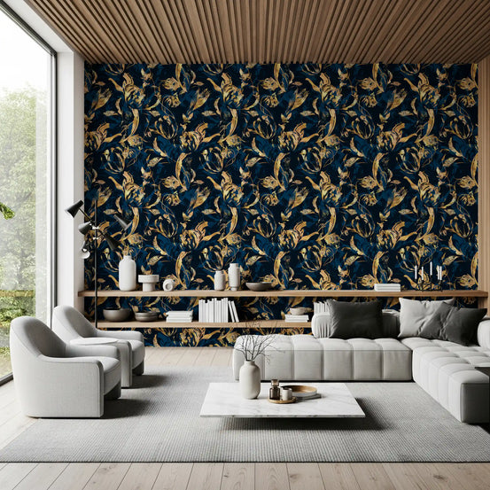Gold and navy floral wallpaper in a modern living room with a grey sofa GD12288