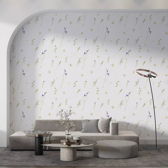 Pressed grasses wallpaper in a calm living room with a grey sofa in an arched alcove GD12291