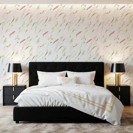 Meadow floral wallpaper behind a black bed in a bright bedroom GD12292