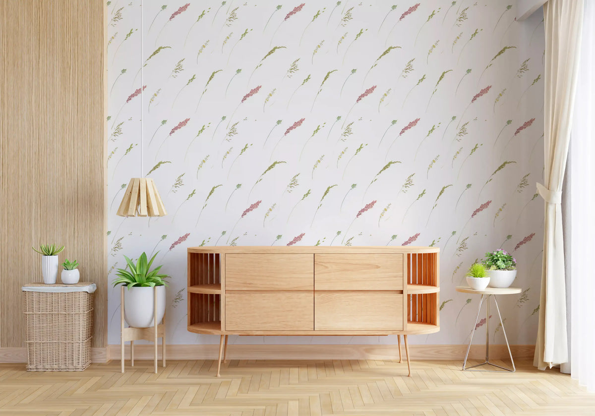 Botanical stems floral wallpaper in a living room with a wooden sideboard and plants GD12293