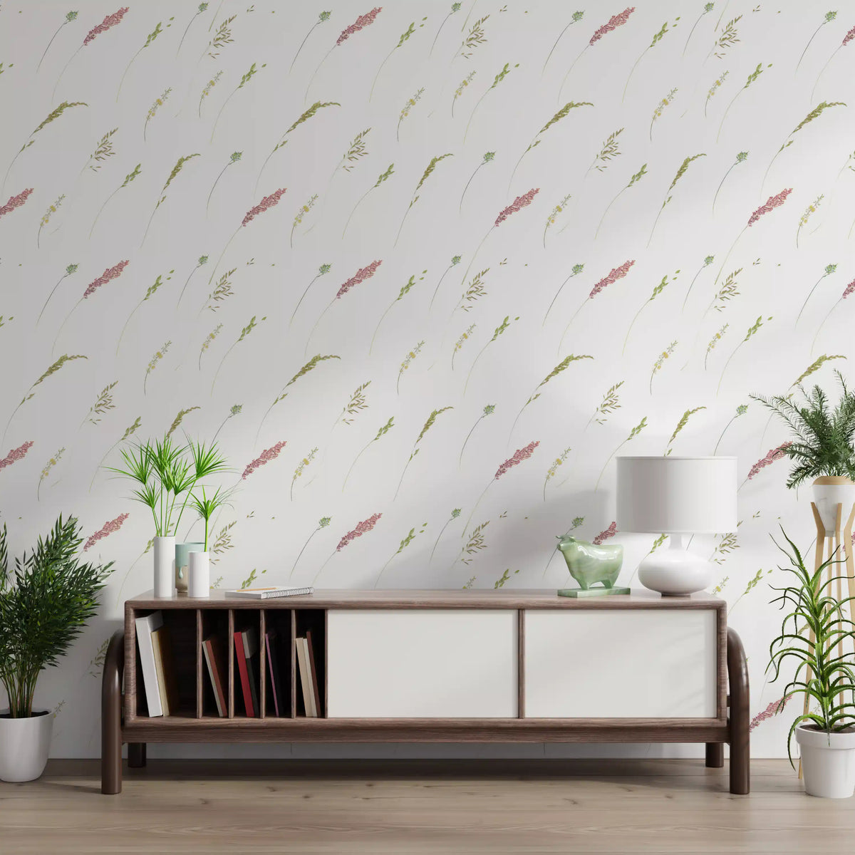 Botanical stems floral wallpaper in a living room with a wooden console and plants GD12293