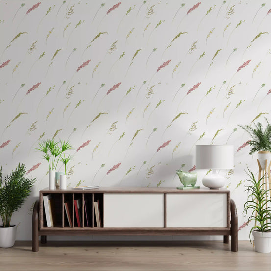 Botanical stems floral wallpaper in a living room with a wooden console and plants GD12293