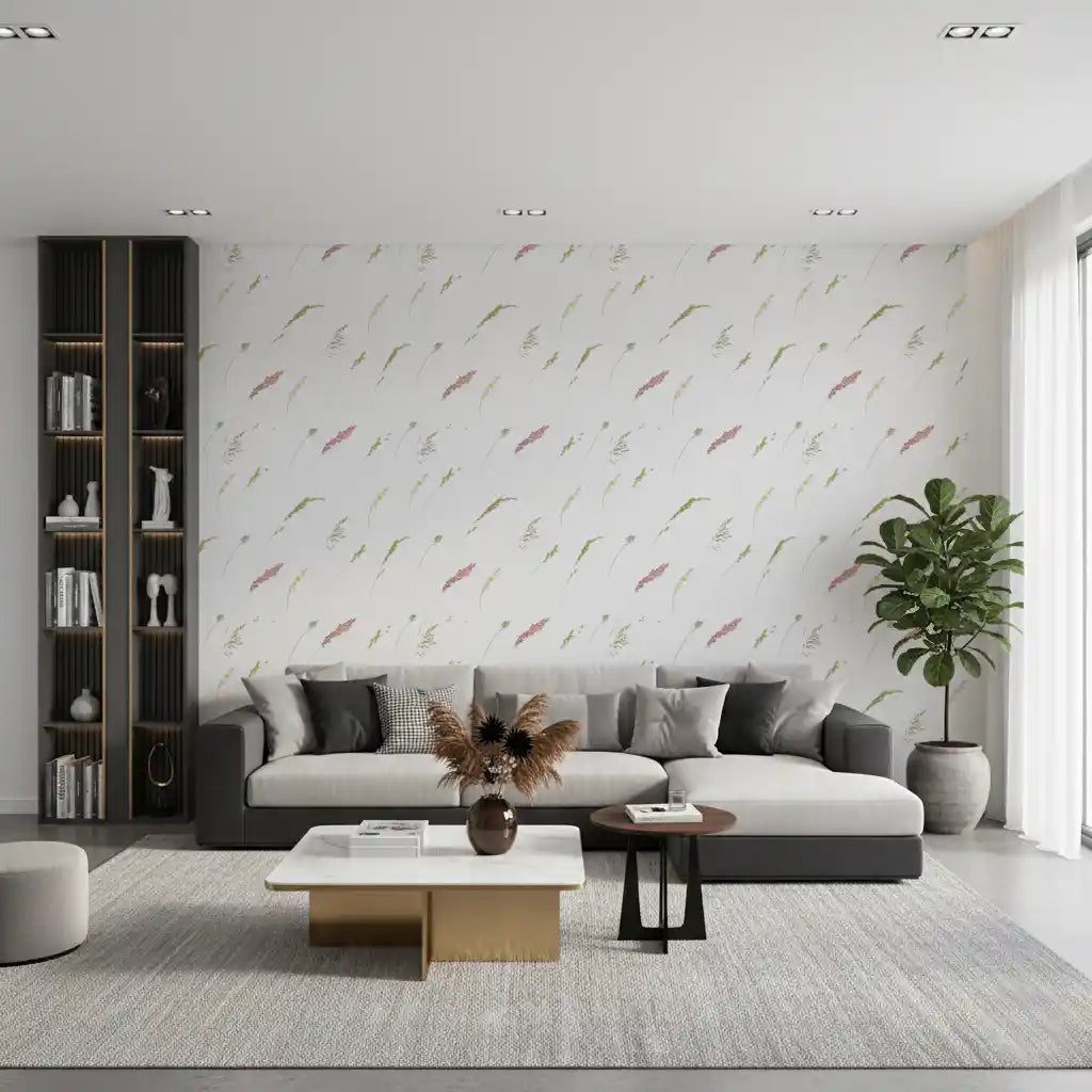 Botanical stems floral wallpaper in a living room with a grey sofa and bookshelf GD12293