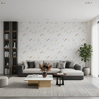 Botanical stems floral wallpaper in a living room with a grey sofa and bookshelf GD12293