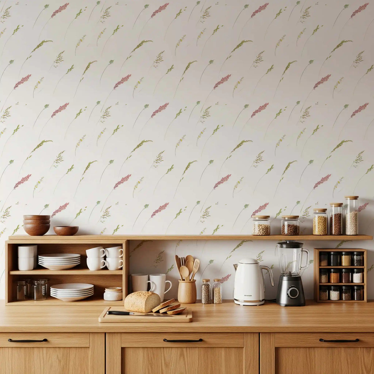 Botanical stems floral wallpaper in a kitchen with wooden shelves and worktop GD12293