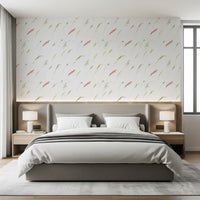 Botanical stems floral wallpaper behind a grey bed in a modern bedroom GD12293