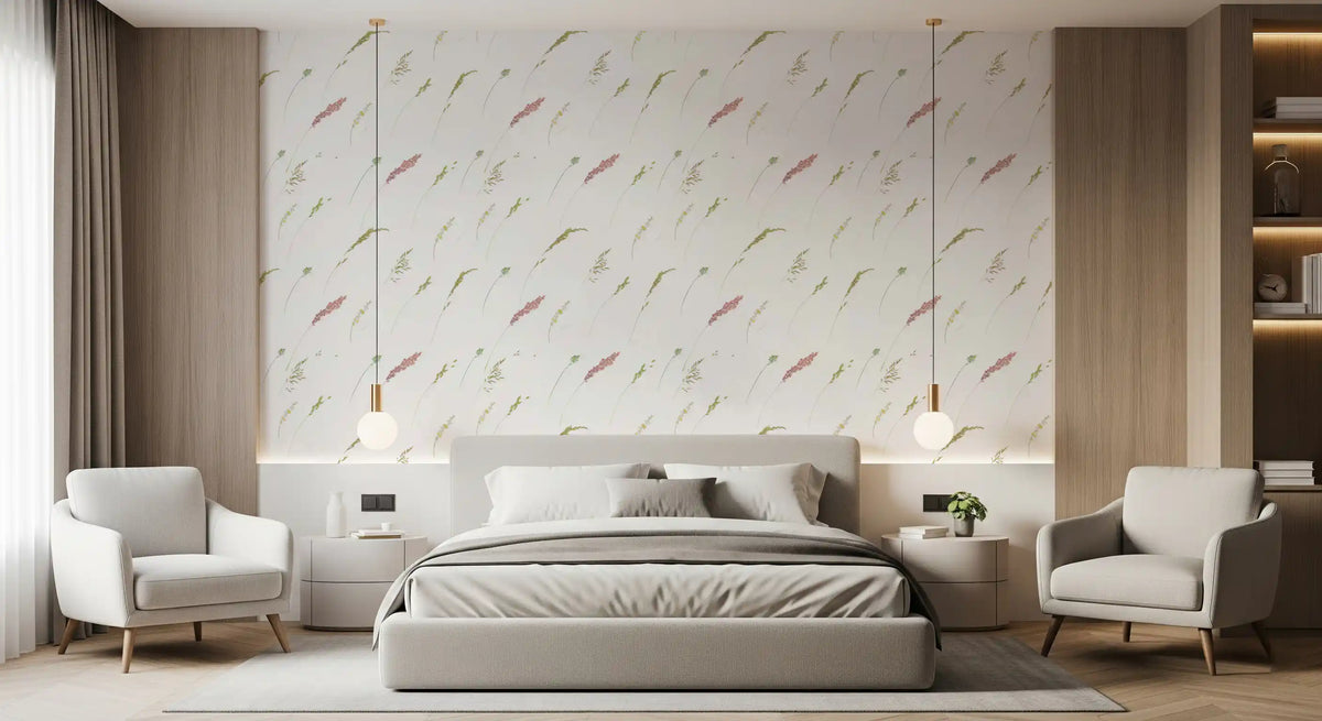 Botanical stems floral wallpaper in a bedroom with a grey bed and armchairs GD12293