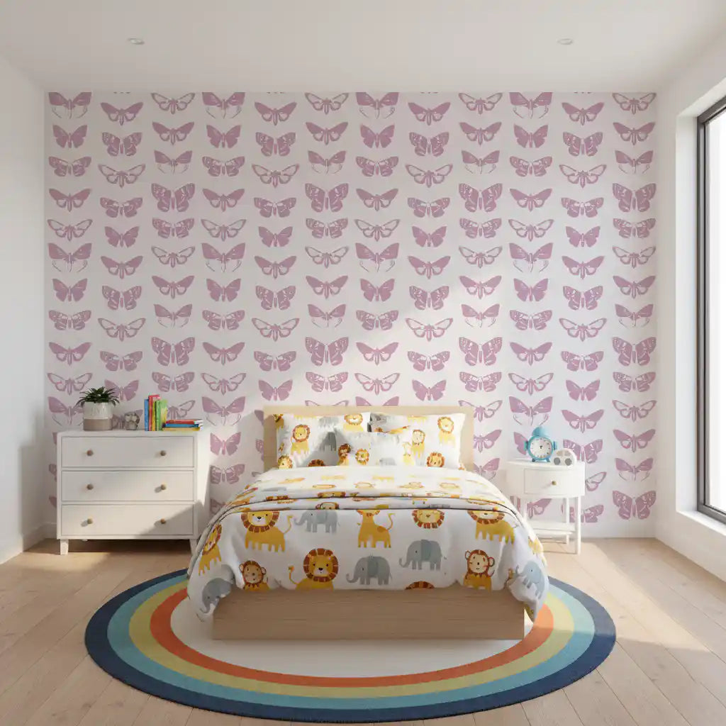 Pink butterfly wallpaper in a children's bedroom with a bed and rainbow rug GD12294