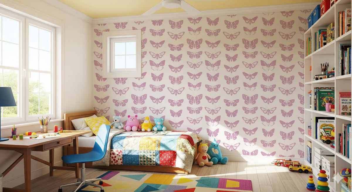 Pink butterfly wallpaper in a child's playroom with a bed and bookshelf GD12294