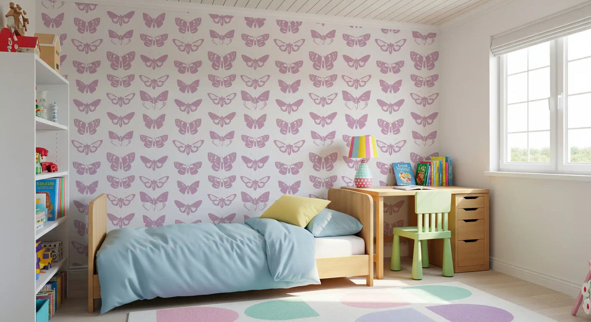 Pink butterfly wallpaper in a child's bedroom with a blue bed and desk GD12294