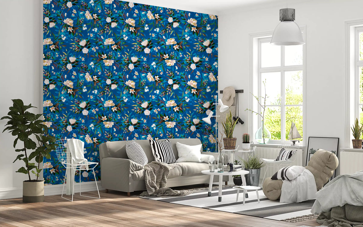Indigo floral wallpaper in a bright living room with a white sofa GD12295