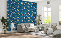 Indigo floral wallpaper in a bright living room with a white sofa GD12295