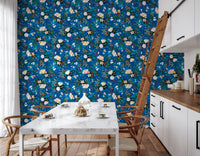 Indigo floral wallpaper in a kitchen dining nook with a marble table GD12295