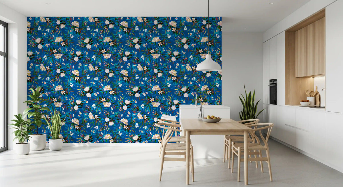 Indigo floral wallpaper in an open kitchen with a dining table GD12295