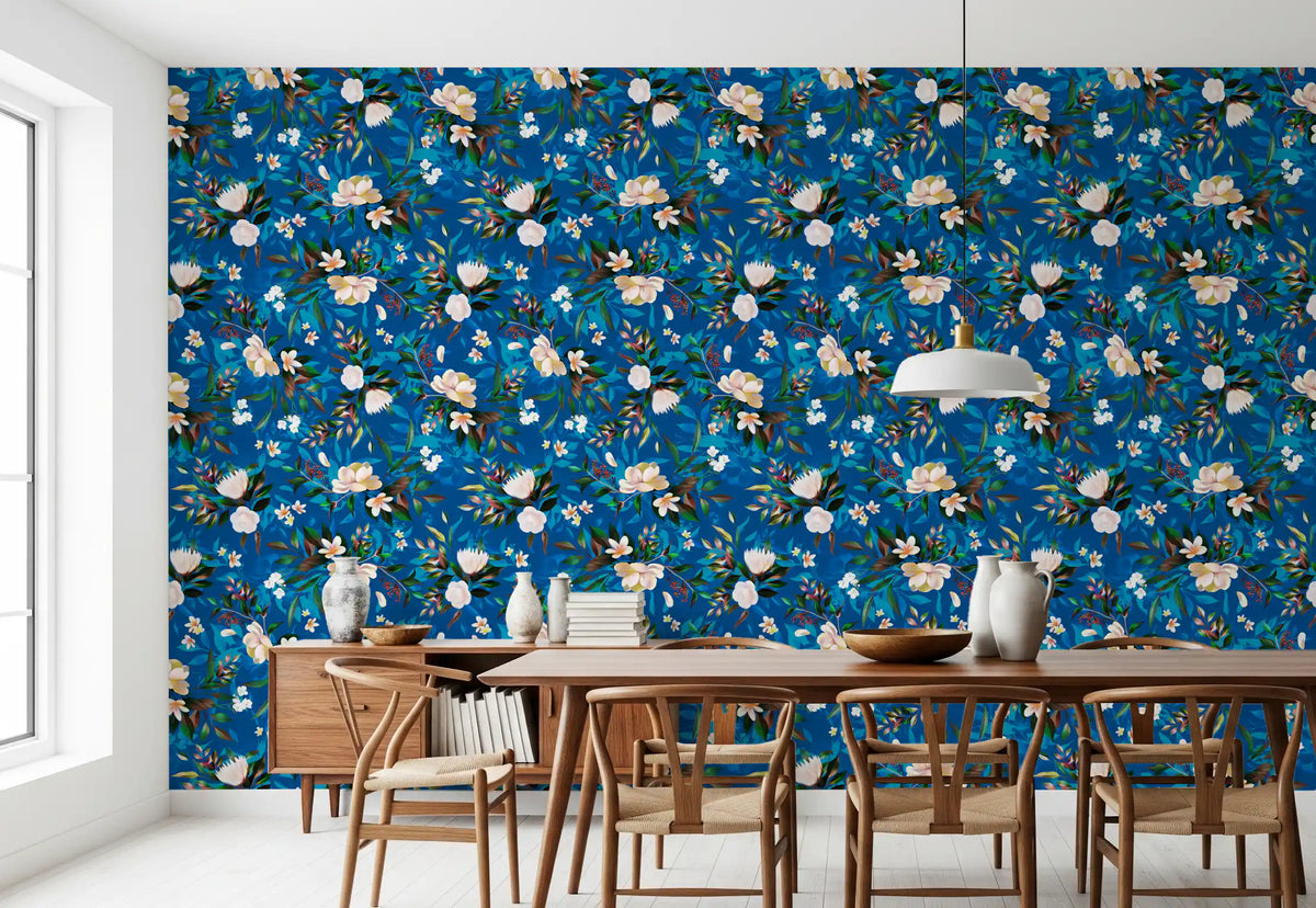 Indigo floral wallpaper in a dining room with a wooden table and pendant light GD12295