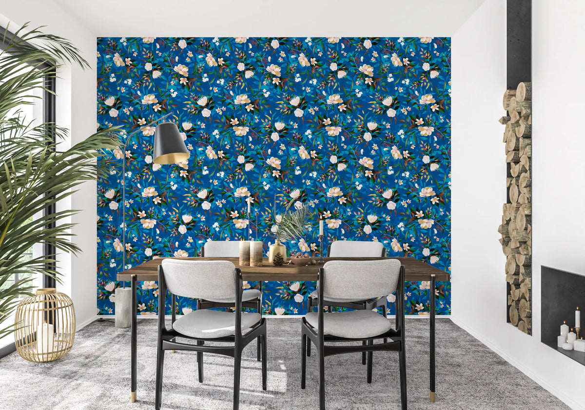 Indigo floral wallpaper in a dining room with white chairs and a wooden table GD12295