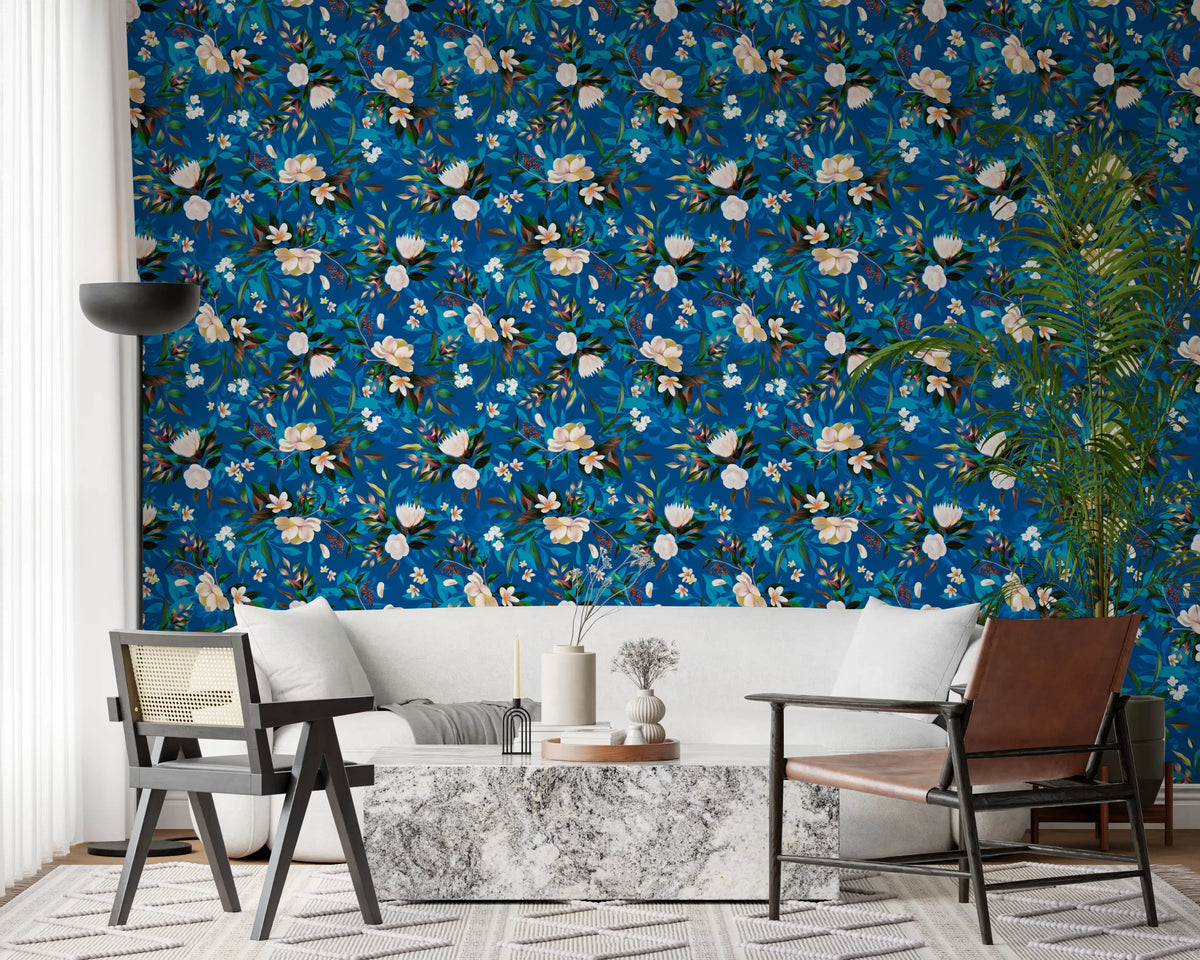 Indigo floral wallpaper in a living room with armchairs and a marble table GD12295