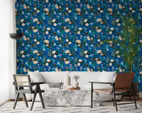 Indigo floral wallpaper in a living room with armchairs and a marble table GD12295