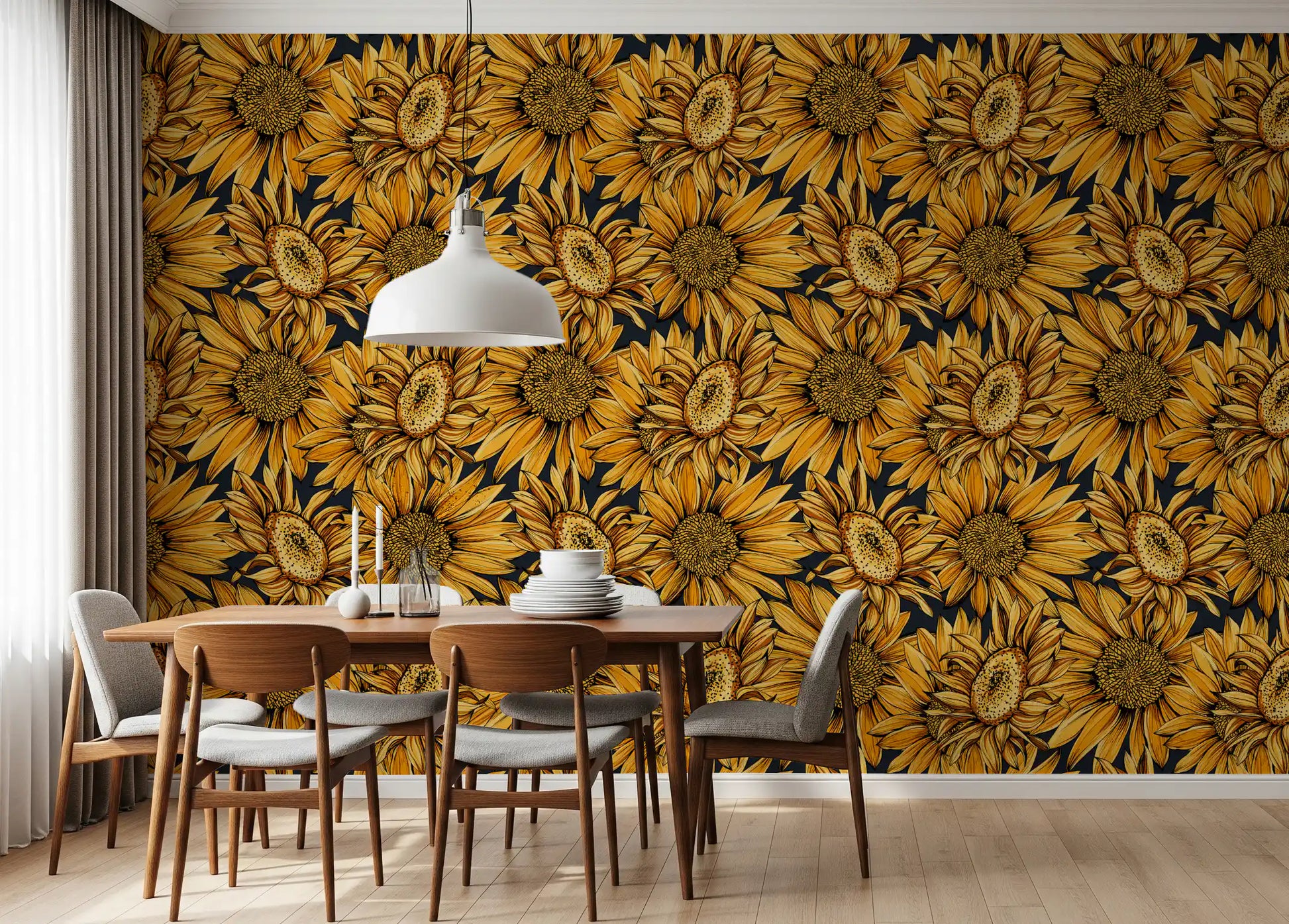 Golden Sunflower Botanical Illustration Wallpaper⁠