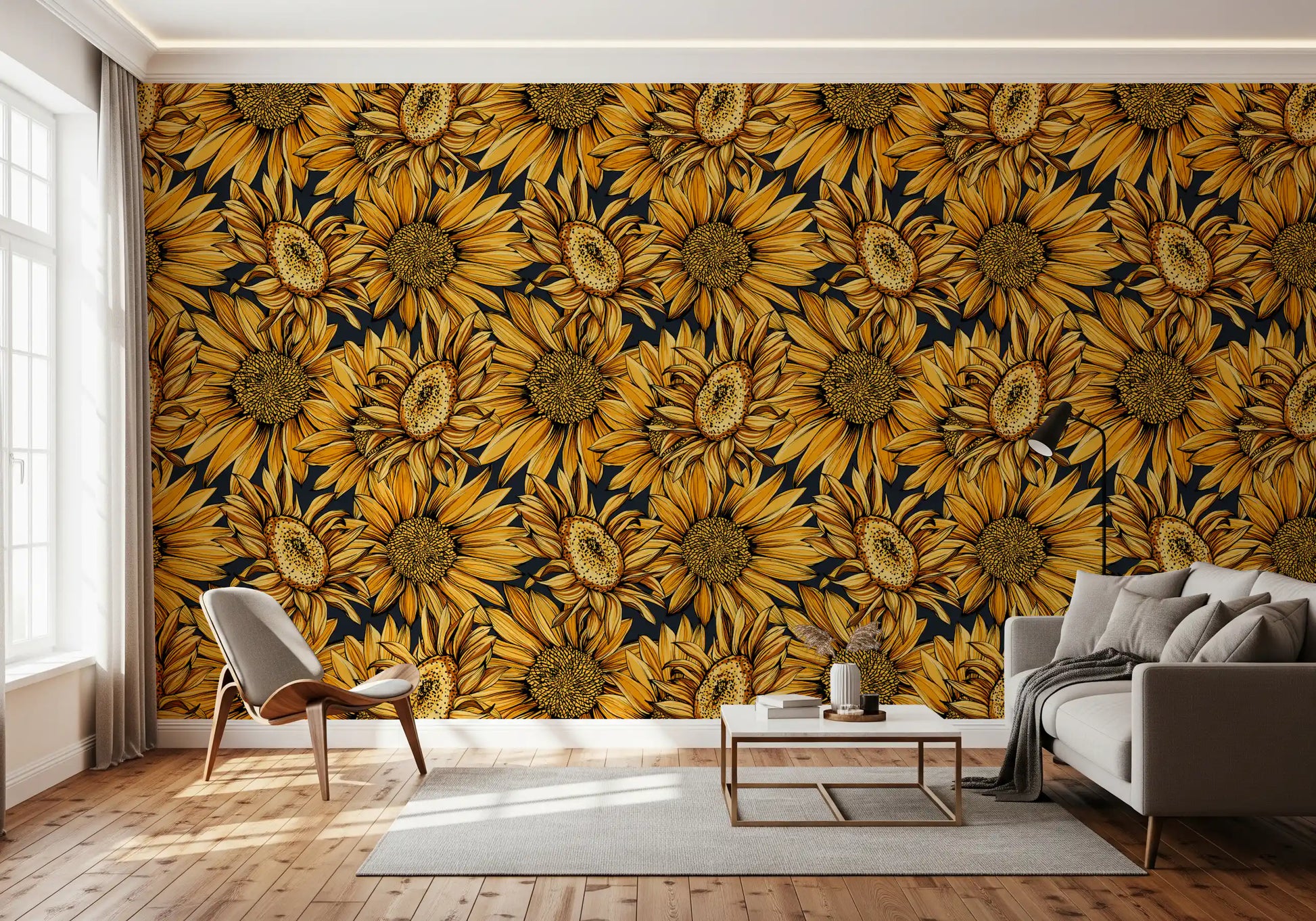 Golden Sunflower Botanical Illustration Wallpaper⁠