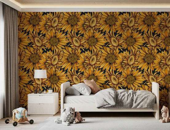 Sunflower wallpaper in a child's bedroom with a small bed and toys GD12298