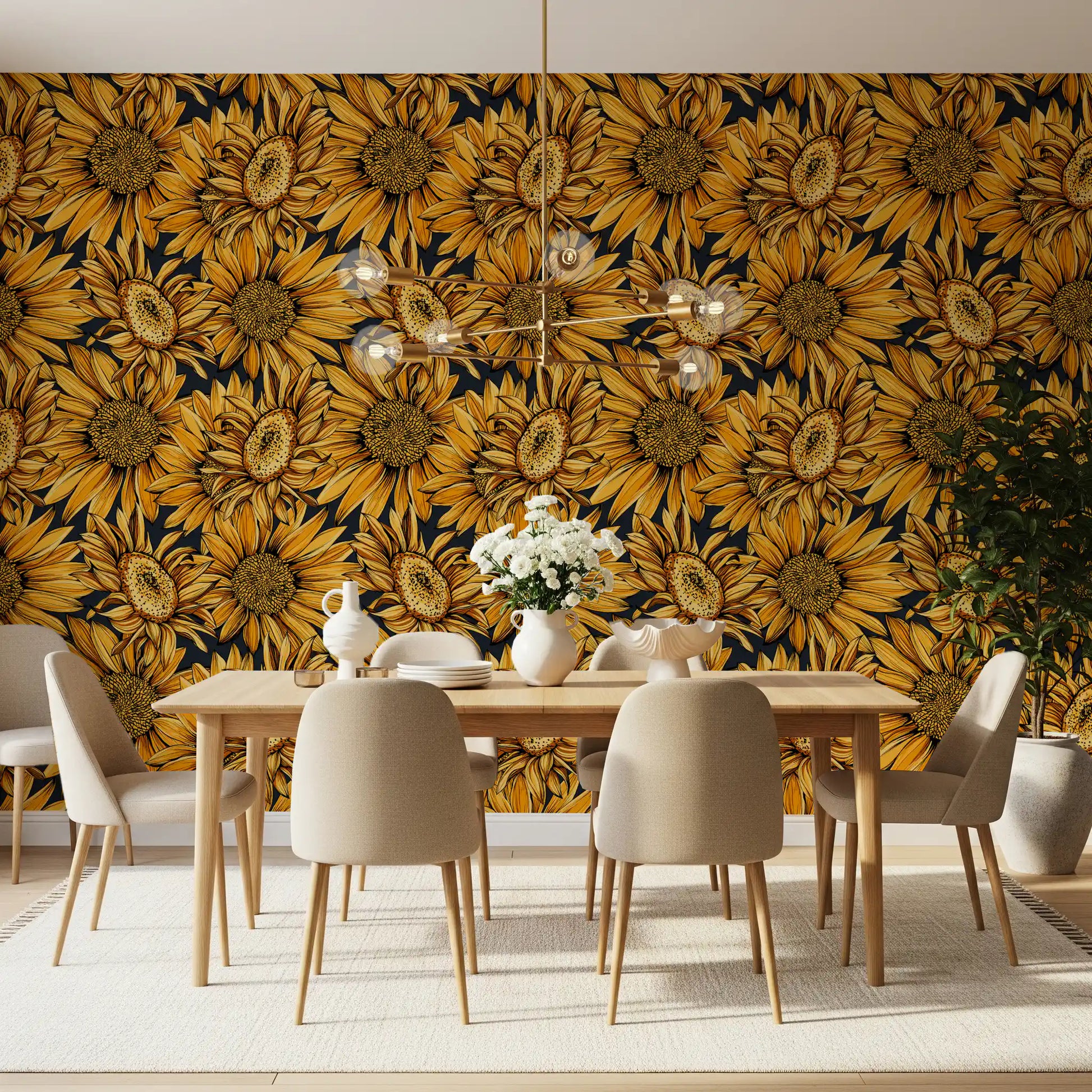 Golden Sunflower Botanical Illustration Wallpaper⁠