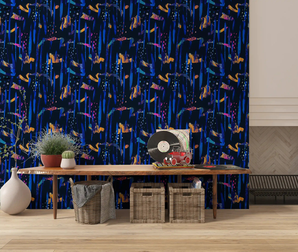 Midnight blue abstract wallpaper in a living room with a wooden console and baskets GD12299
