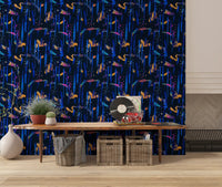 Midnight blue abstract wallpaper in a living room with a wooden console and baskets GD12299