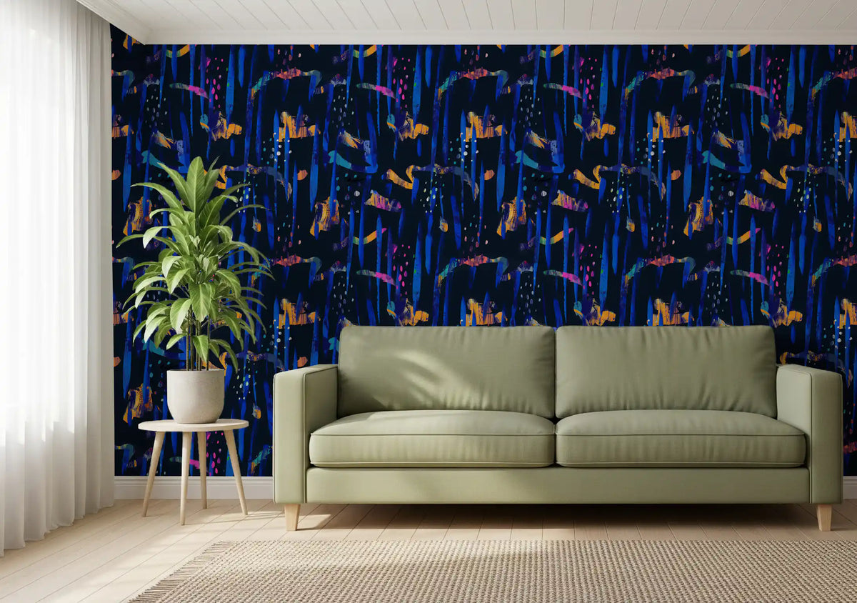 Midnight blue abstract wallpaper in a living room with a sage green sofa and plant GD12299