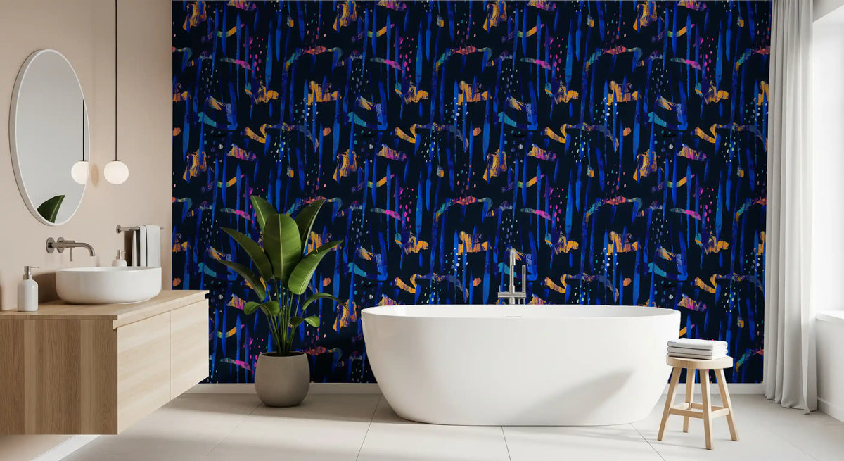 Midnight blue abstract wallpaper in a bathroom with a freestanding tub and round mirror GD12299