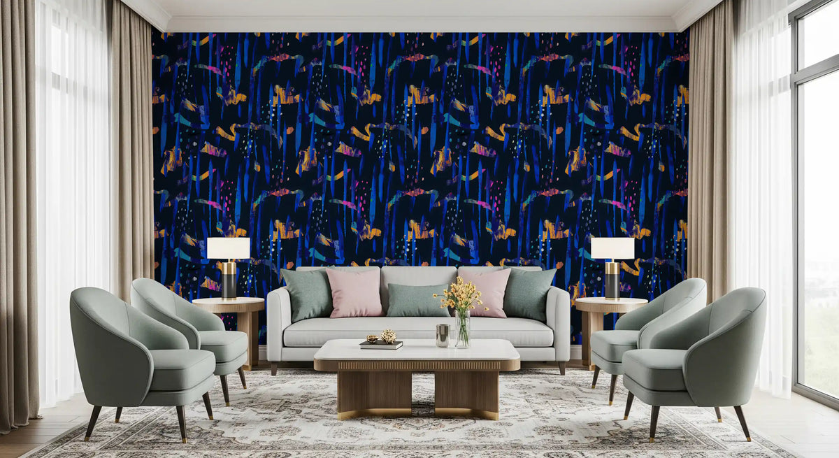 Midnight blue abstract wallpaper in a living room with grey armchairs and a sofa GD12299