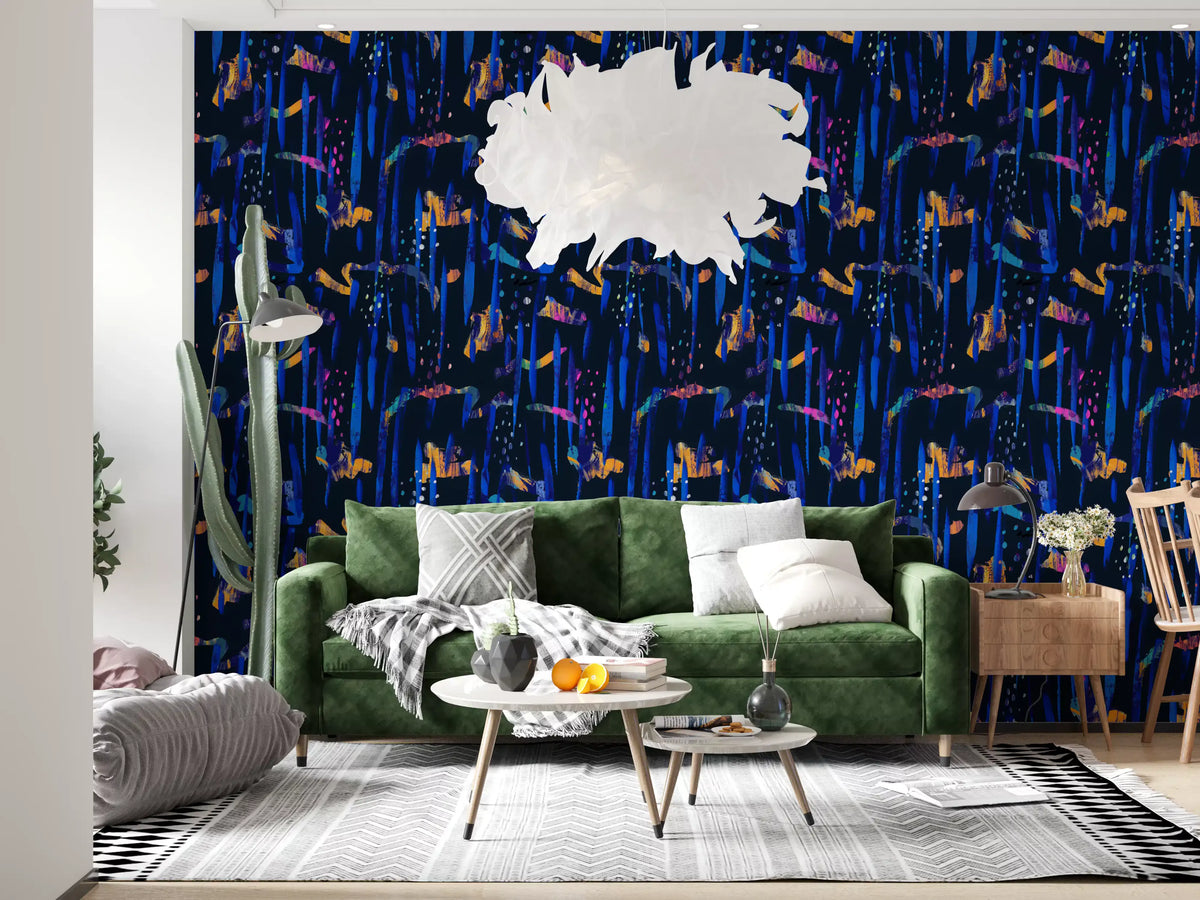 Midnight blue abstract wallpaper in a living room with a green velvet sofa GD12299