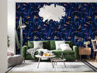 Midnight blue abstract wallpaper in a living room with a green velvet sofa GD12299