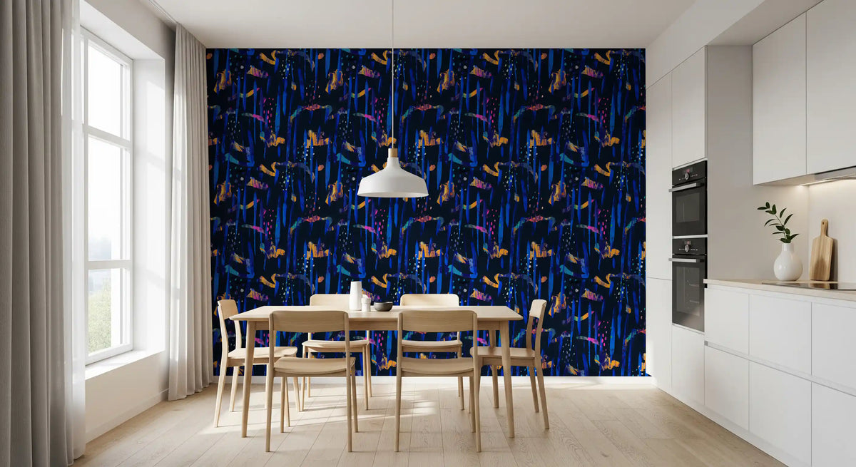 Midnight blue abstract wallpaper in a dining area next to a white kitchen GD12299