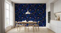 Midnight blue abstract wallpaper in a dining area next to a white kitchen GD12299