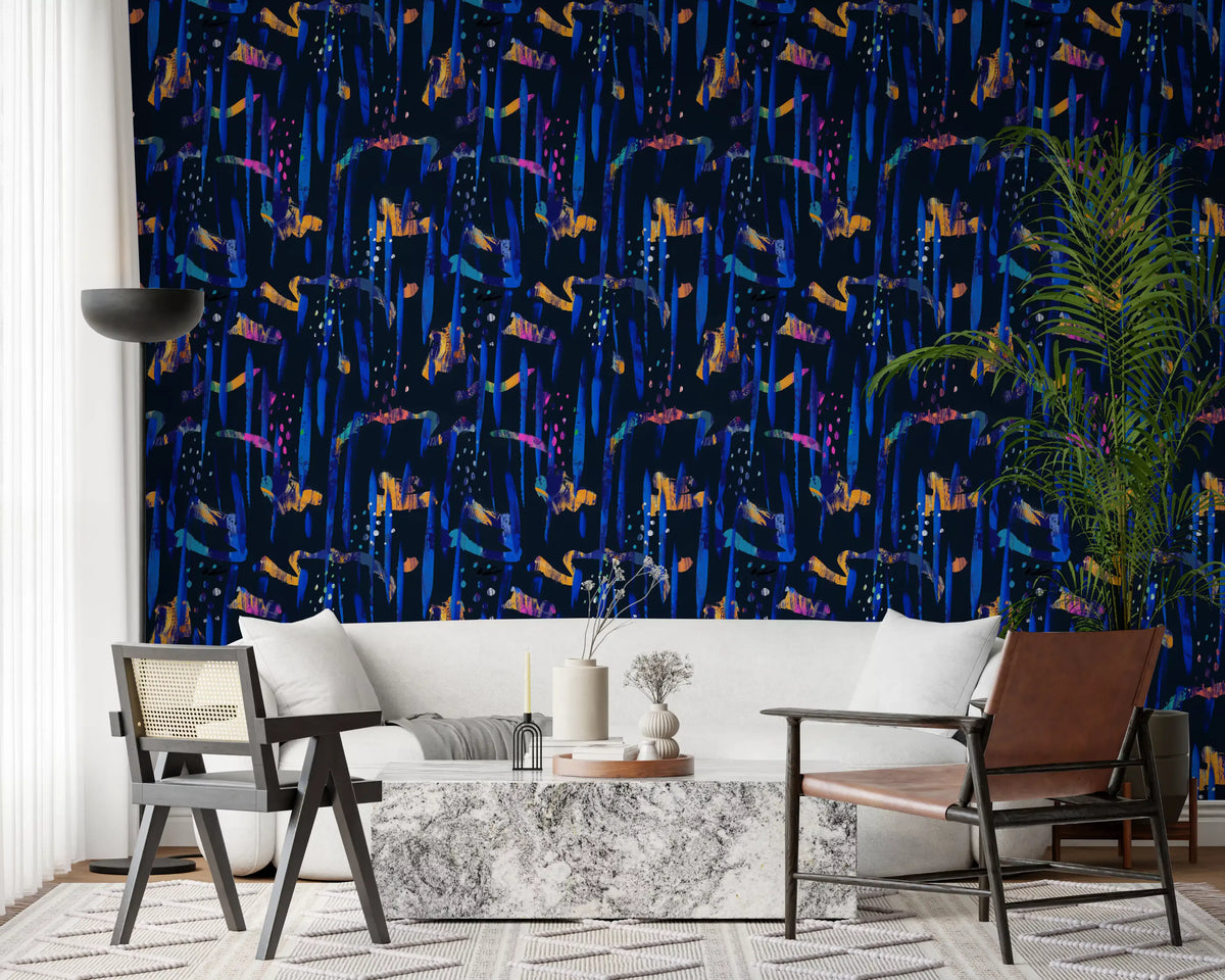 Midnight blue abstract wallpaper in a living room with two armchairs and a plant GD12299