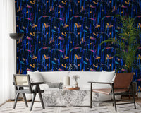 Midnight blue abstract wallpaper in a living room with two armchairs and a plant GD12299